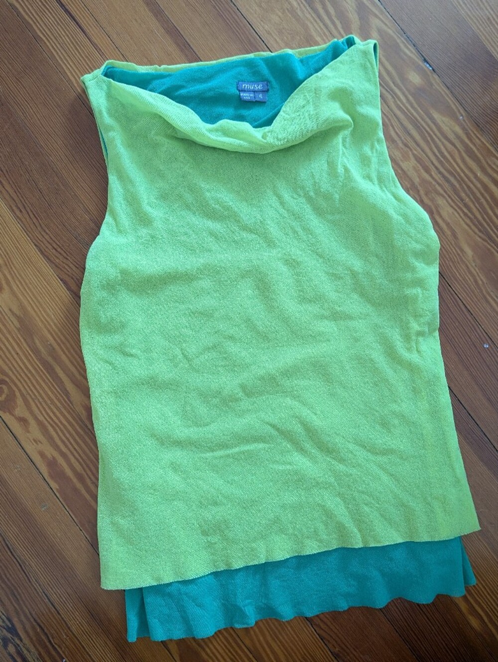 Muse Two-Tone Mesh Lime green Sleeveless Cowl Neck Tank